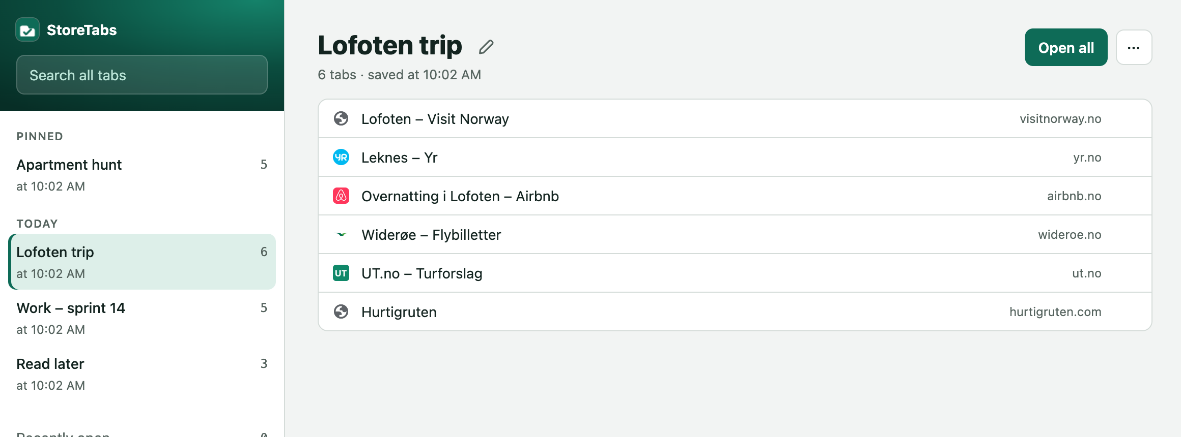 The StoreTabs archive: saved sessions in a sidebar and the tabs of the selected session.