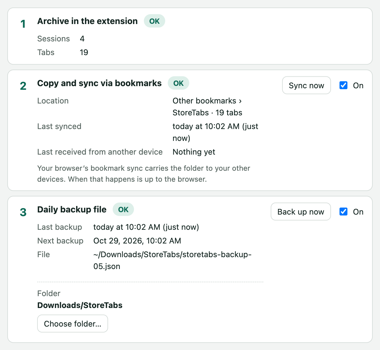 Where your tabs are stored: the archive, a bookmark copy and a daily backup file.